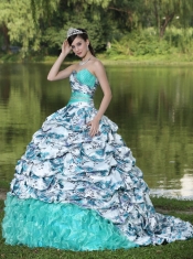 Quinceanera Dress Colorful Printing and Organza Beaded Decorate Waist Pick-ups and Ruffles Brush Train Lovely Style