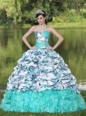 Quinceanera Dress Colorful Printing and Organza Beaded Decorate Waist Pick-ups and Ruffles Brush Train Lovely Style