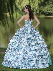 Quinceanera Dress Colorful Printing and Organza Beaded Decorate Waist Pick-ups and Ruffles Brush Train Lovely Style