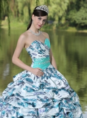 Quinceanera Dress Colorful Printing and Organza Beaded Decorate Waist Pick-ups and Ruffles Brush Train Lovely Style