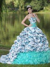 Quinceanera Dress Colorful Printing and Organza Beaded Decorate Waist Pick-ups and Ruffles Brush Train Lovely Style