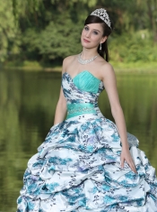 Quinceanera Dress Colorful Printing and Organza Beaded Decorate Waist Pick-ups and Ruffles Brush Train Lovely Style