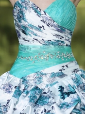 Quinceanera Dress Colorful Printing and Organza Beaded Decorate Waist Pick-ups and Ruffles Brush Train Lovely Style