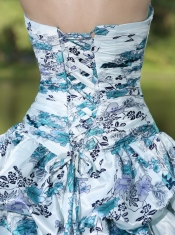 Quinceanera Dress Colorful Printing and Organza Beaded Decorate Waist Pick-ups and Ruffles Brush Train Lovely Style