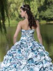Quinceanera Dress Colorful Printing and Organza Beaded Decorate Waist Pick-ups and Ruffles Brush Train Lovely Style
