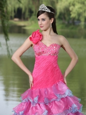 Quinceanera Dress Hand Made Flower Decorate One Shoulder Beaded Decorate Bust Lovely Style