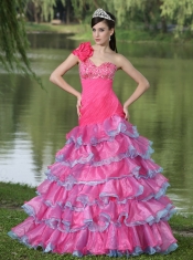 Quinceanera Dress Hand Made Flower Decorate One Shoulder Beaded Decorate Bust Lovely Style