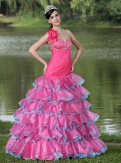 Quinceanera Dress Hand Made Flower Decorate One Shoulder Beaded Decorate Bust Lovely Style