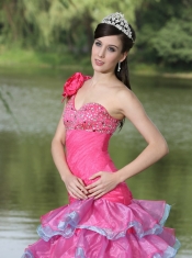 Quinceanera Dress Hand Made Flower Decorate One Shoulder Beaded Decorate Bust Lovely Style