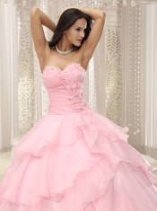 Quinceanera Dress Ruched Bodice Hand Made Flowers Decorate Waist