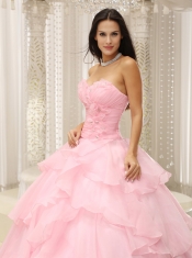 Quinceanera Dress Ruched Bodice Hand Made Flowers Decorate Waist