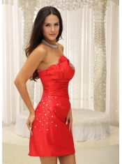 Prom Dress Beaded and Ruched Bodice Strapless Red For Homecoming
