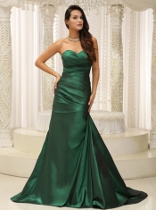Prom Dress Dark Green Modest  Ruched Bodice Brush Train Custom Made
