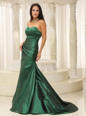 Prom Dress Dark Green Modest  Ruched Bodice Brush Train Custom Made