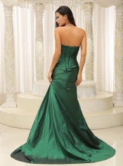 Prom Dress Dark Green Modest  Ruched Bodice Brush Train Custom Made