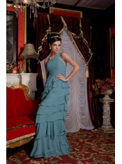 Prom / Evening Dress Baby Blue Empire One Shoulder Brush Train Chiffon Beading