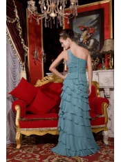Prom / Evening Dress Baby Blue Empire One Shoulder Brush Train Chiffon Beading
