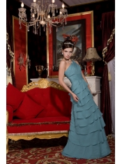 Prom / Evening Dress Baby Blue Empire One Shoulder Brush Train Chiffon Beading