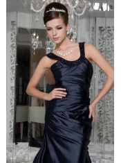 Prom / Evening Dress Navy Blue Empire Scoop Brush Train Taffeta Beading