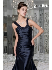 Prom / Evening Dress Navy Blue Empire Scoop Brush Train Taffeta Beading