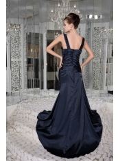 Prom / Evening Dress Navy Blue Empire Scoop Brush Train Taffeta Beading