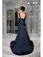 Prom / Evening Dress Navy Blue Empire Scoop Brush Train Taffeta Beading