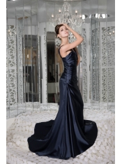 Prom / Evening Dress Navy Blue Empire Scoop Brush Train Taffeta Beading