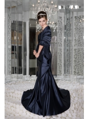 Prom / Evening Dress Navy Blue Empire Scoop Brush Train Taffeta Beading