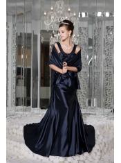 Prom / Evening Dress Navy Blue Empire Scoop Brush Train Taffeta Beading