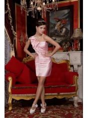 Prom / Homecoming Dress Baby Pink Column One Shoulder Mini-length Taffeta Beading and Bowknot