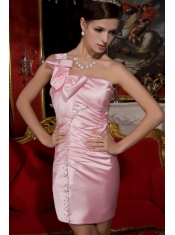 Prom / Homecoming Dress Baby Pink Column One Shoulder Mini-length Taffeta Beading and Bowknot