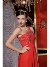 Prom / Homecoming Dress Red Empire One Shoulder Tea-length Chiffon Beading