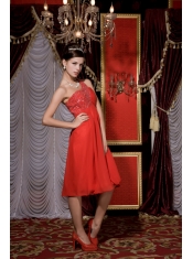 Prom / Homecoming Dress Red Empire One Shoulder Tea-length Chiffon Beading