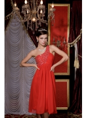Prom / Homecoming Dress Red Empire One Shoulder Tea-length Chiffon Beading