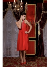 Prom / Homecoming Dress Red Empire One Shoulder Tea-length Chiffon Beading