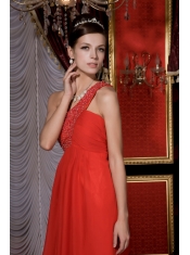 Prom / Homecoming Dress Red Empire One Shoulder Tea-length Chiffon Beading