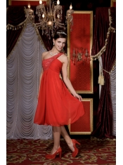 Prom / Homecoming Dress Red Empire One Shoulder Tea-length Chiffon Beading