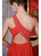 Prom / Homecoming Dress Red Empire One Shoulder Tea-length Chiffon Beading