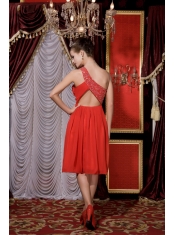 Prom / Homecoming Dress Red Empire One Shoulder Tea-length Chiffon Beading