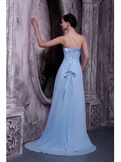 Prom Dress A-line Light Blue Strapless Brush Train Satin and Chiffon
