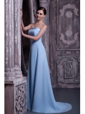 Prom Dress A-line Light Blue Strapless Brush Train Satin and Chiffon
