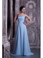 Prom Dress A-line Light Blue Strapless Brush Train Satin and Chiffon