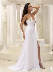 Prom Dress Appliques Decorate Shoulder Ruched Bodice High Slit