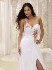 Prom Dress Appliques Decorate Shoulder Ruched Bodice High Slit