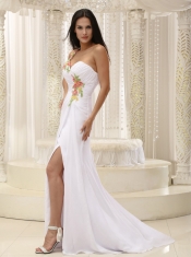 Prom Dress Appliques Decorate Shoulder Ruched Bodice High Slit