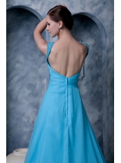 Prom Dress Aqua Blue A-line Straps Sweep Train Chiffon Beading