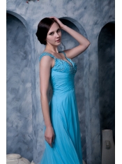 Prom Dress Aqua Blue A-line Straps Sweep Train Chiffon Beading