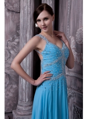 Prom Dress Aqua Blue Empire Straps Floor-length Chiffon Beading