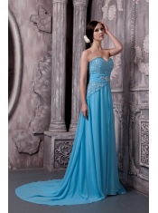 Prom Dress Aqua Blue Empire Sweetheart Court Train Chiffon Beading