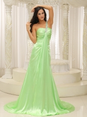 Prom Dress Beaded Decorate One Shoulder Ruched Bodice For Yellow Green